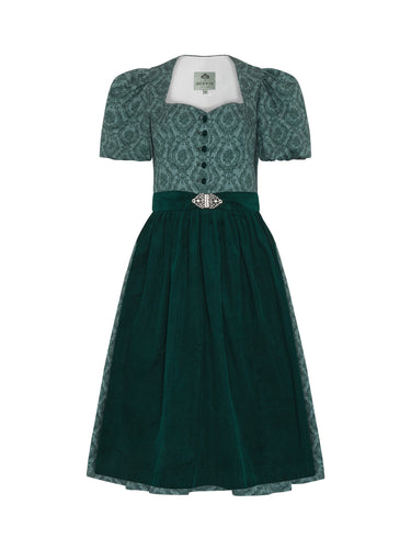 Bedrucktes Dirndl mit Cordschürze und Ballonärmel