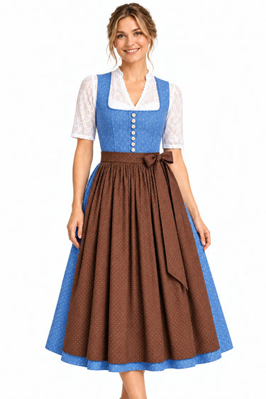 Baumwolldirndl mit Blümchendruck und Tupfenschürze